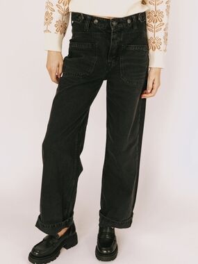 We The Free Palmer Cuffed Wide Leg Jeans Black Denim Sz 25 Mid Rise Relaxed Fit